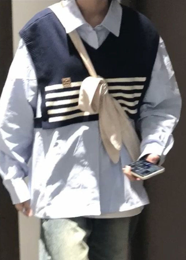 Black Striped Patchwork Knit Shawl and Light Blue Shirt Two Piece Set Long Sleeve