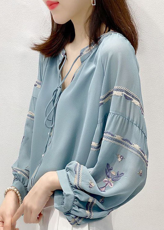 Blue Embroideried V Neck Chiffon Shirt Top Three Quarter Sleeve