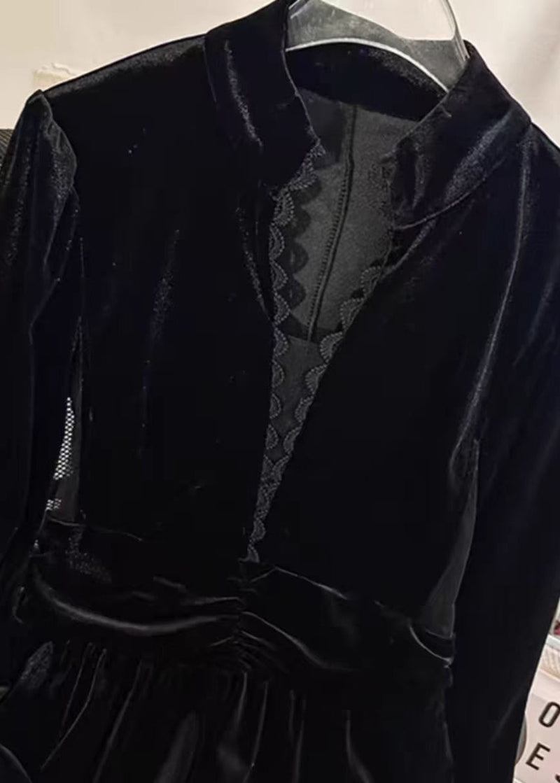Black Stand Collar Patchwork Slim Fit Velour Dresses Spring