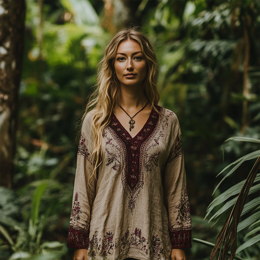 Vintage Bohemian Embroidered Linen V-neck Shirt artswardrobe