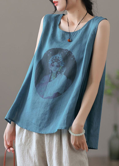 Loose Apricot O-neck Print Linen Tank Sleeveless