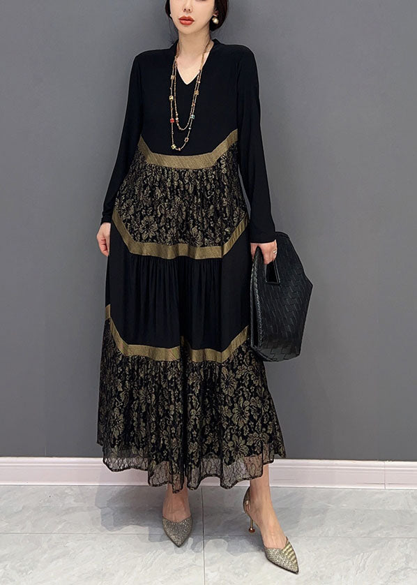 Black V Neck Tulle Patchwork Wrinkled Long Dress Spring