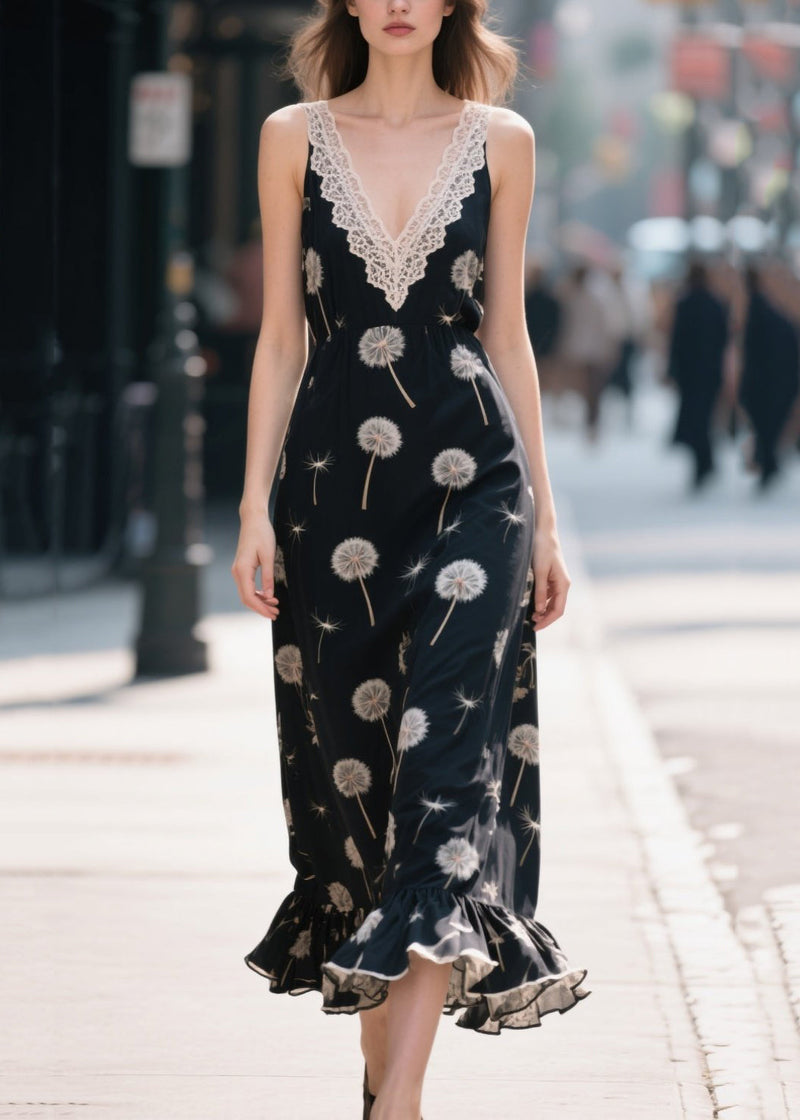 Black Print Patchwork Chiffon Robe Dresses Summer