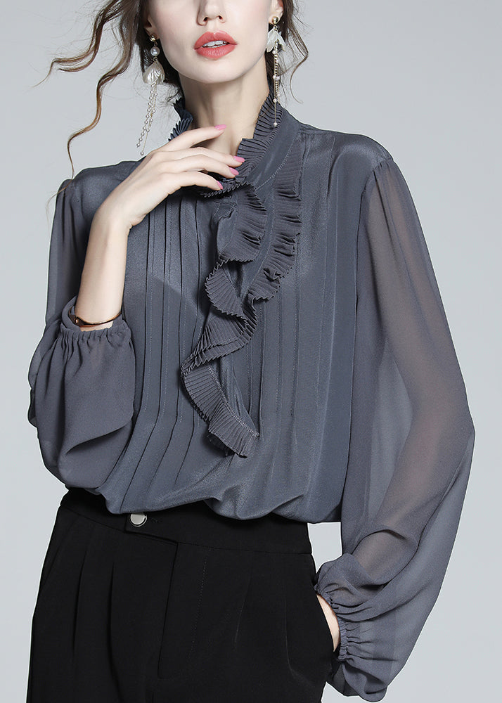 Italian Grey Ruffled Silk Blouses Fall