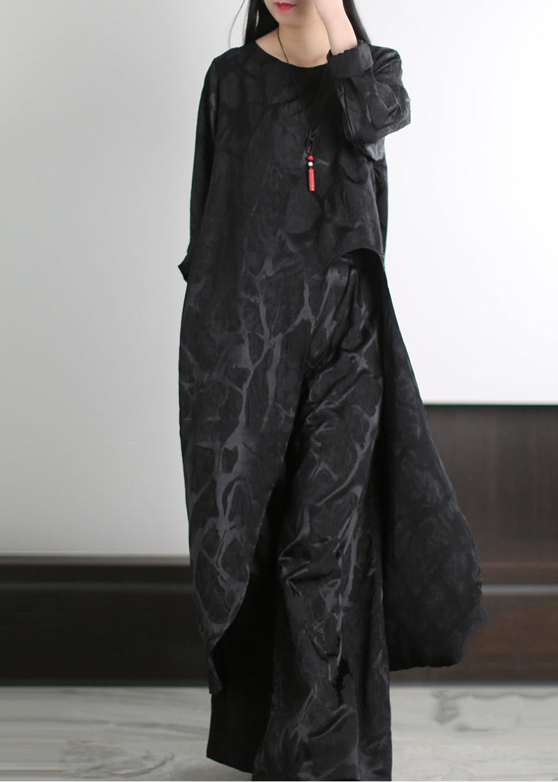 Diy Black Oversized Side Open Silk Two Pieces Set Spring
