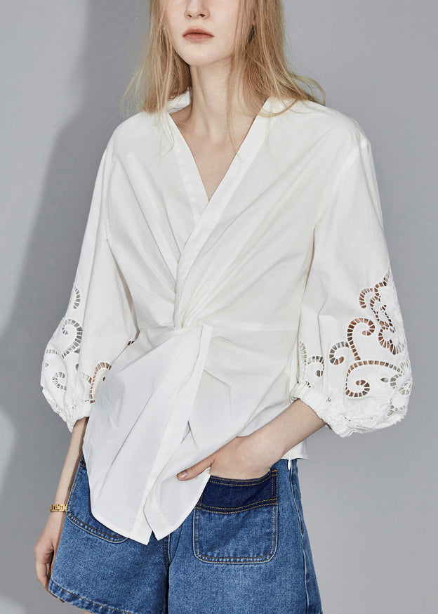 White V Neck Hollow Out Cotton Blouses Bracelet Sleeve