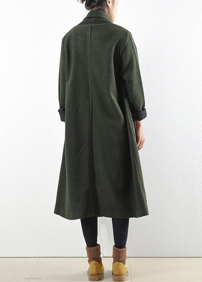 Green Notched Button Pockets Woolen Trench Coats Long Sleeve
