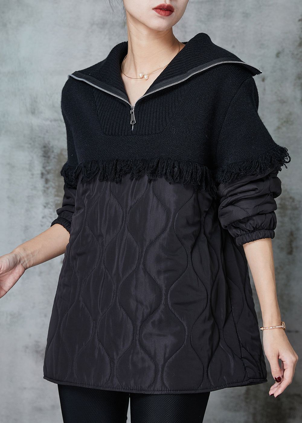 Black Tasseled Patchwork Fine Cotton Filled Sweatshirts Tracksuits Winter