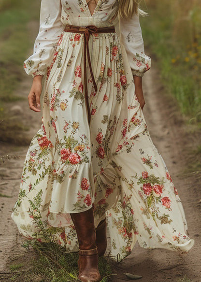 V Neck Print Long Sleeve Pastoral Dress Fall