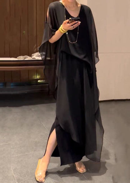 Jacquard Black Wrinkled Chiffon Long Dress Batwing Sleeve Summer