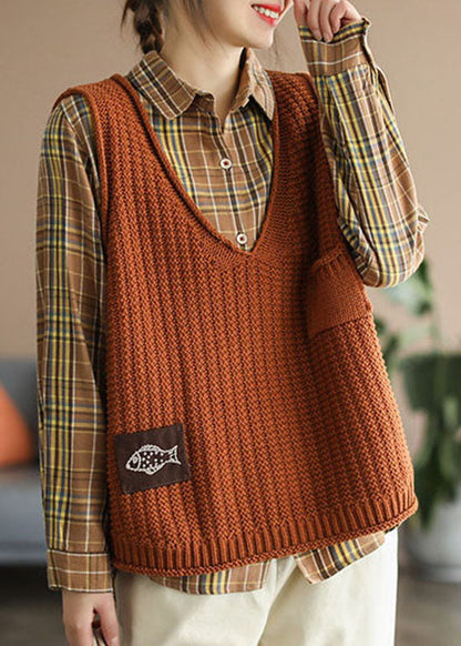 Orange V Neck Pockets Knit Tank Tops Sleeveless