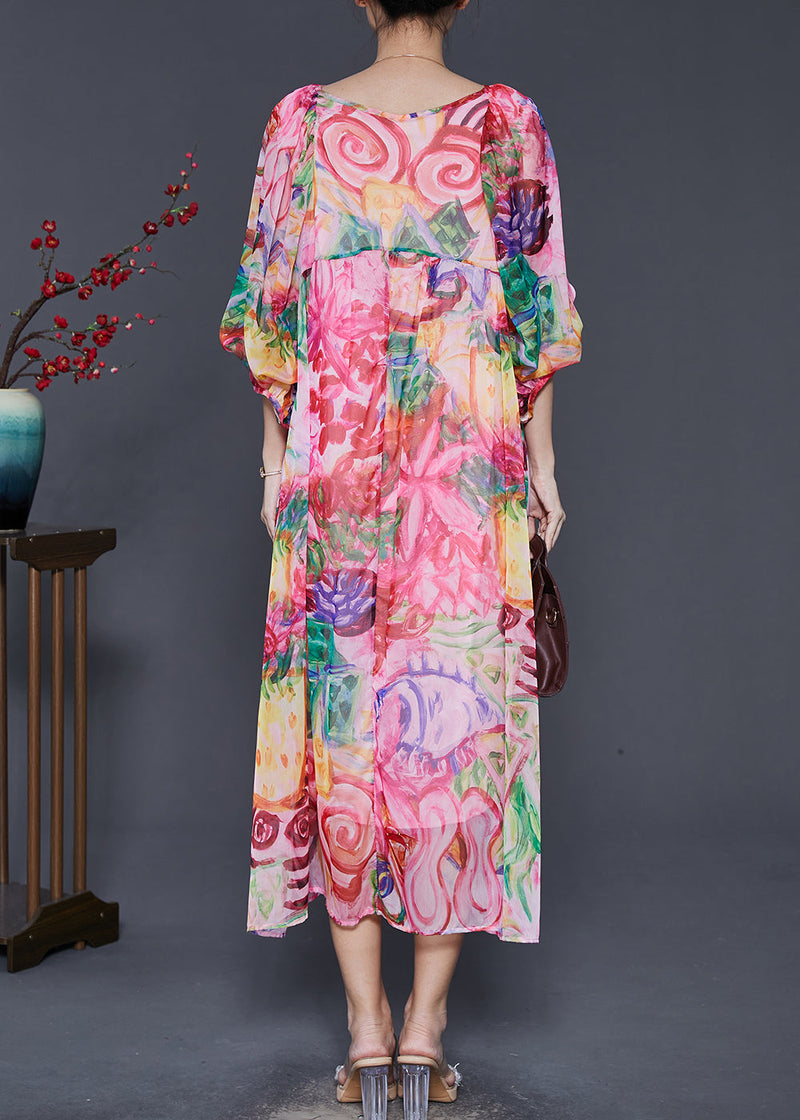 Pink Print Exra Large Hem Chiffon Dresses Lantern Sleeve Spring