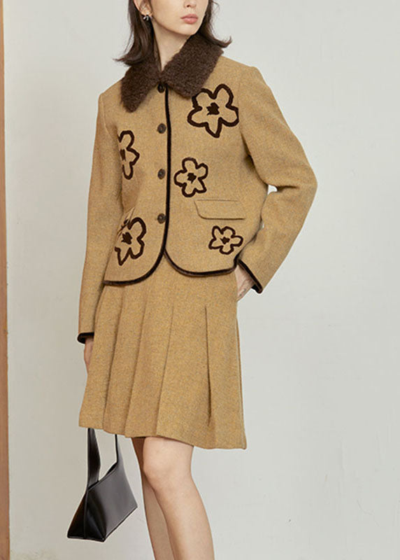 Ginger Peter Pan Collar Woolen Coat and Skirts Two Pieces Set Long Sleeve