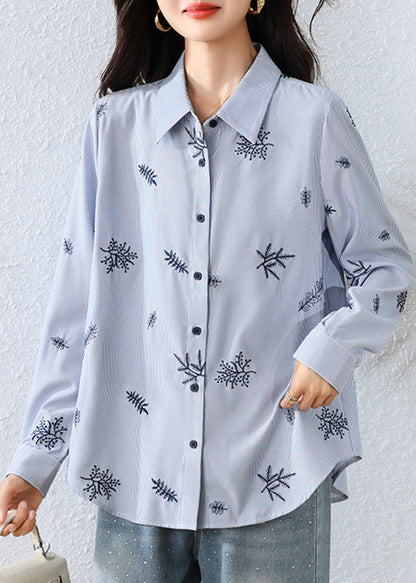 Blue Embroidered Striped Cotton Top Fall