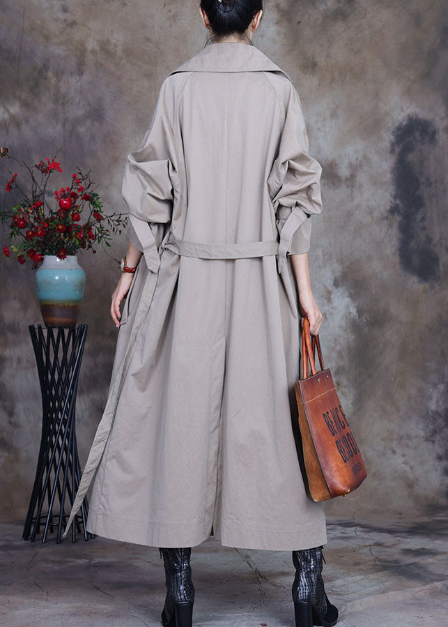 Grey Tie Waist Button Peter Pan Collar Trench Coats Spring