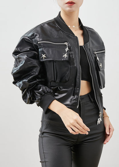 Black Zip Up Rivet Faux Leather Jackets Spring