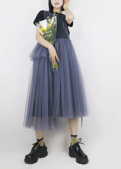 Blue Asymmetrical Design Tulle Robe Dresses Long Smock Summer