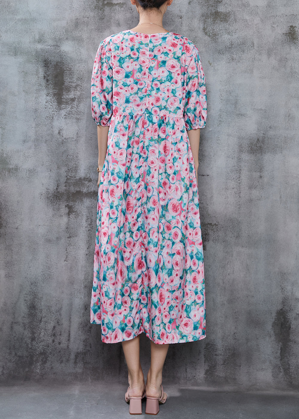 French Pink Print Cotton Long Dress Summer