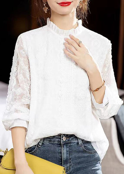 White Ruffled Hollow Out Patchwork Lace Top Fall