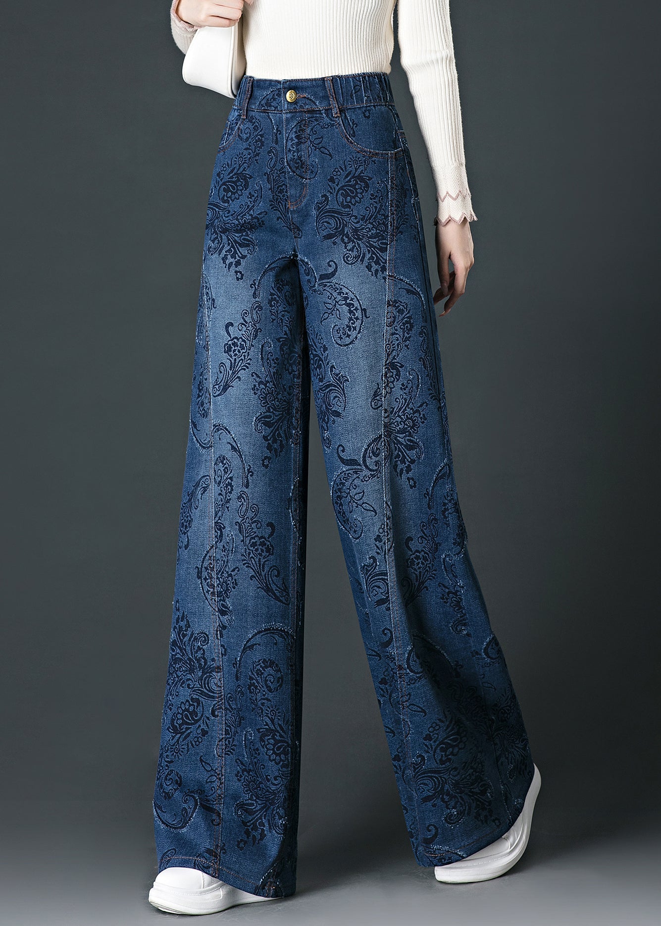 Blue Pockets Print High Waist Wide Leg Jeans Fall