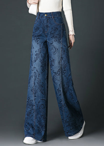 Blue Pockets Print High Waist Wide Leg Jeans Fall