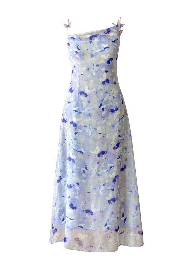 Blue Print Slim Fit Chiffon Holiday Spaghetti Strap Dress Summer