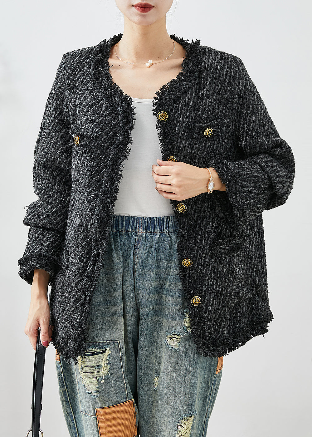 Dark Grey Tasseled Button Down Warm Fine Cotton Filled Jacket Winter