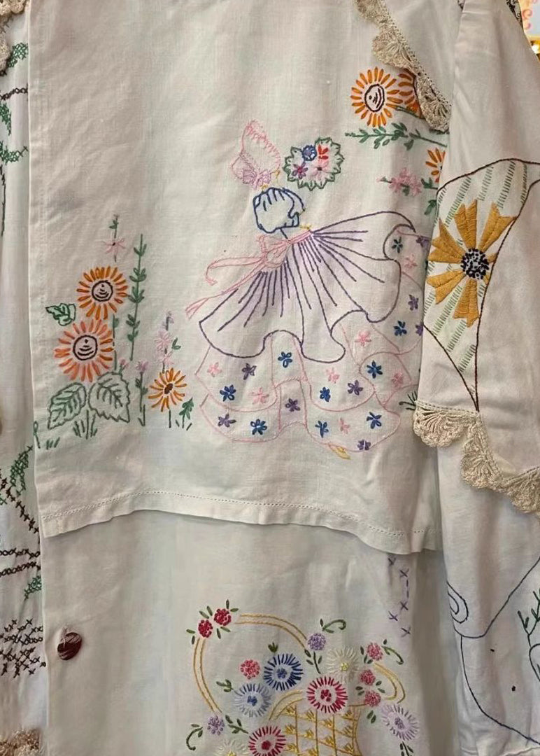 Handmade White Embroideried Patchwork Cotton Blouse Tops Fall
