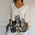 Women's Retro Funny Animal Cat Print Mid Sleeve T-shirt elevenforest