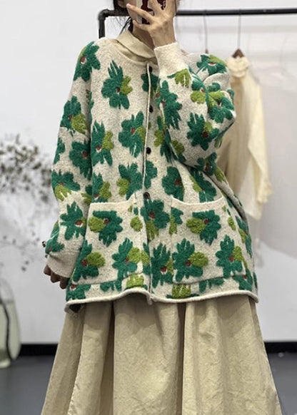 Green Button Pockets Cotton Knit Coats Long Sleeve