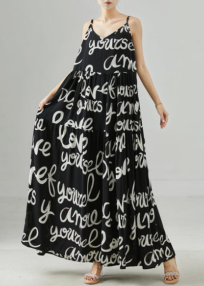 Black Letter Print Chiffon Spaghetti Strap Dress Summer