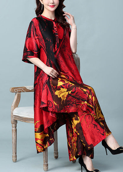 French Red Asymmetrical Design Print Silk Dress and Wide Leg Pants Two Pieces Set Summer