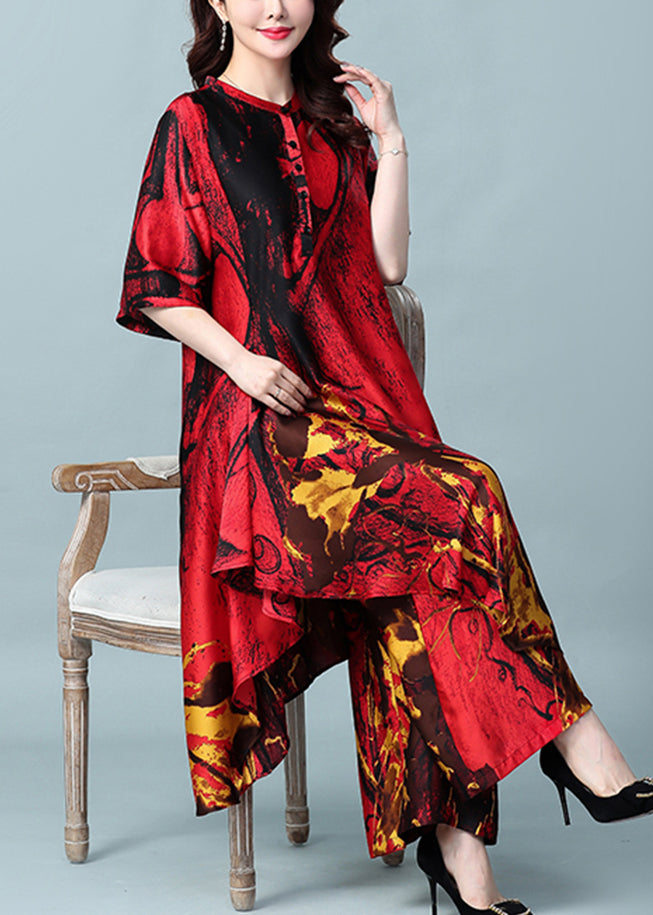 French Red Asymmetrical Design Print Silk Dress and Wide Leg Pants Two Pieces Set Summer