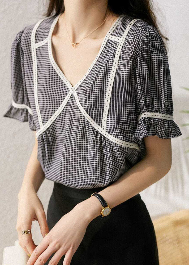 Small Plaid Ruffled Patchwork Silk Tops Summer