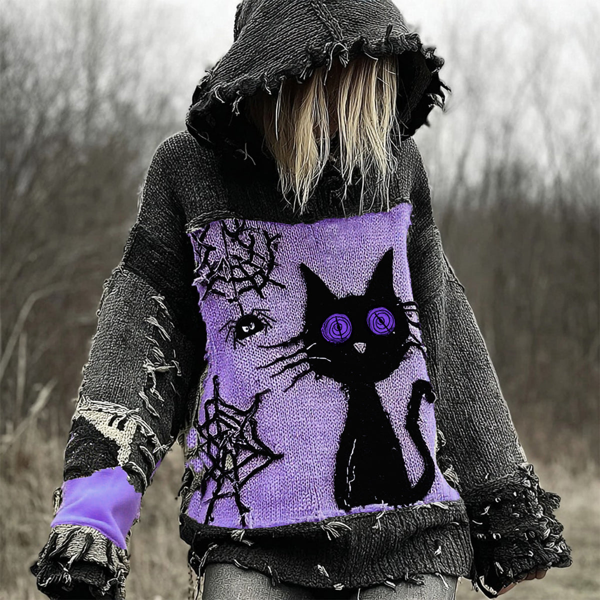 Halloween Scared Black Cat Patchwork Stitched Cozy Knit Hooded artswardrobe