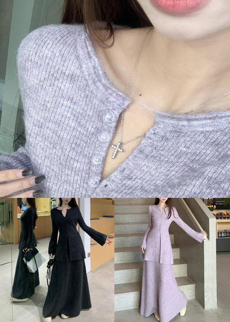 Purple Button Front Open Knit Two Piece Set Flare Sleeve