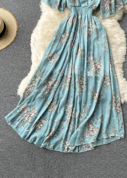 New Blue V Neck Lace Up Print Chiffon Vacation Dresses Summer