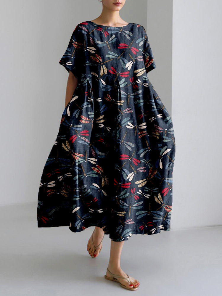 Comstylish Traditional Colorful Dragonfly Japanese Art Linen Blend Maxi Dress