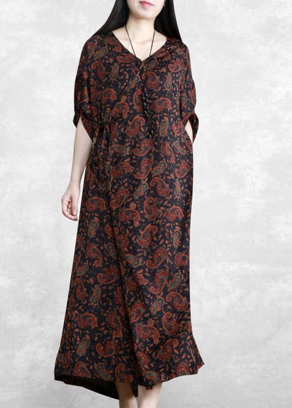 Italian Black Print Dresses V Neck Asymmetric Maxi Spring Dress