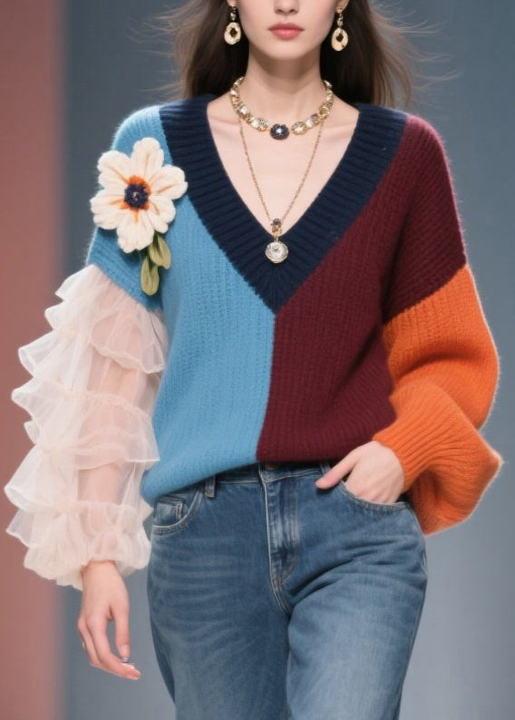 New Colorblock V Neck Tulle Knit Sweater Fall