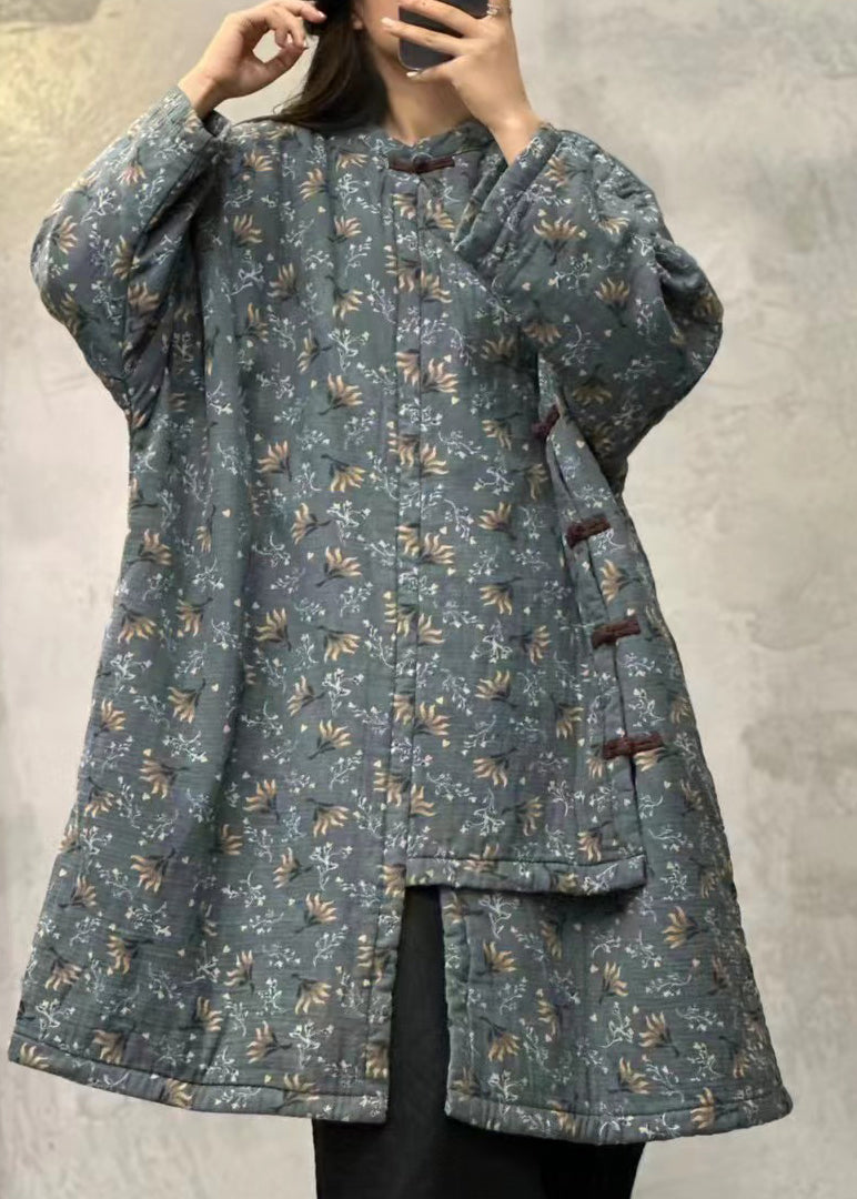 Orange Stand Collar Print Chinese Button Fine Cotton Filled Coats Winter