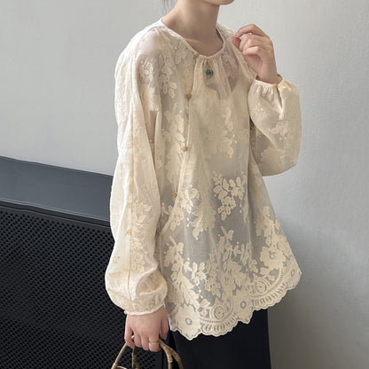 Beige O-neck Print Chiffon Shirts Long Sleeve