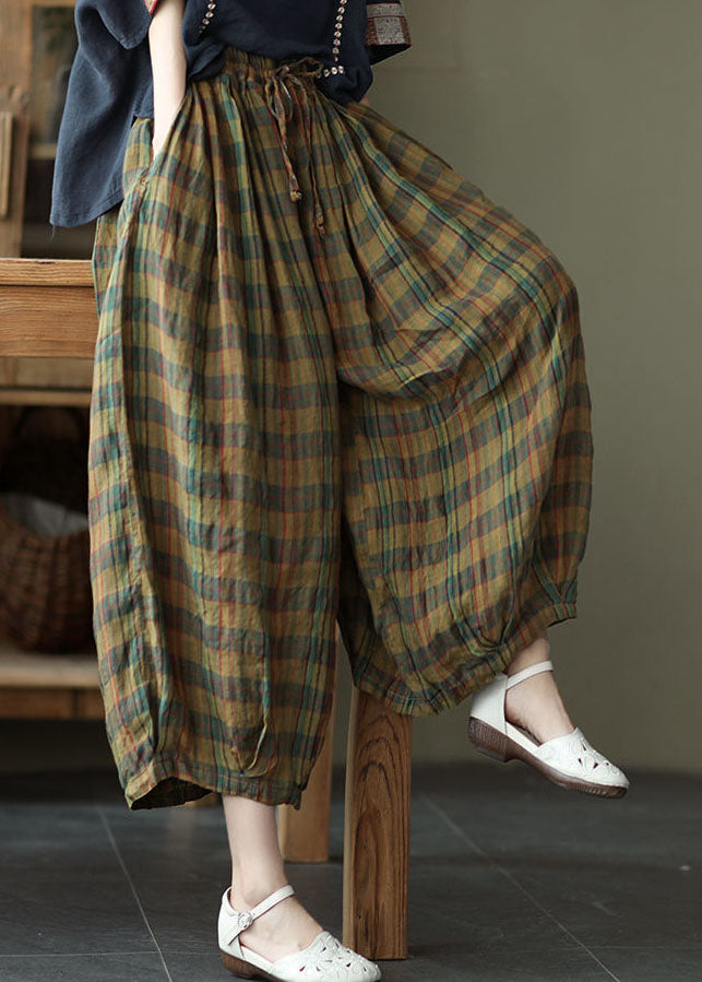 Yellow Plaid Print Cotton Wide Leg Pants Drawstring Spring