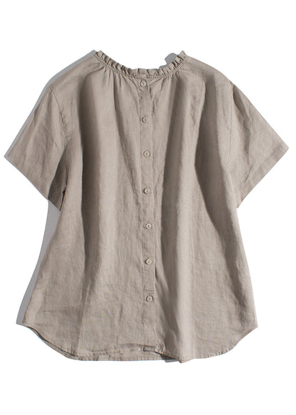 Simple Pink Ruffled Wear on Both Sides Linen Blouses Summer