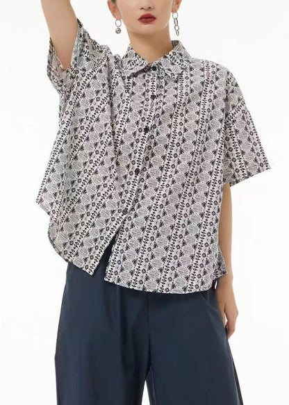 Light Grey Peter Pan Collar Print Cotton Shirt Top Short Sleeve