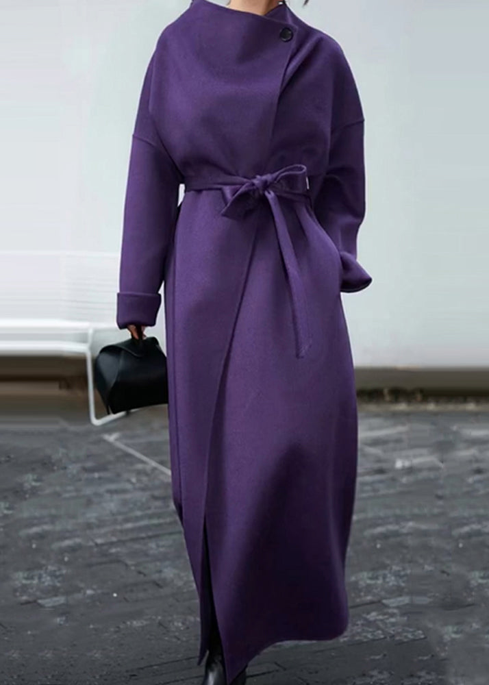 Purple Pockets Tie Waist Patchwork Woolen Coat Winter