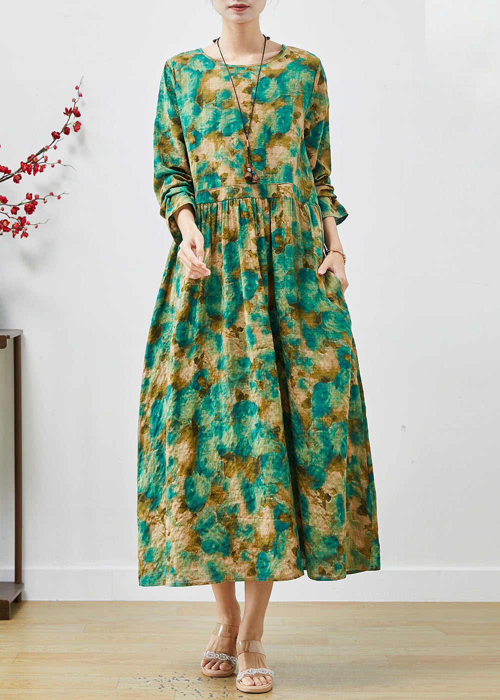 Green Cinched Print Cotton Long Dress Spring