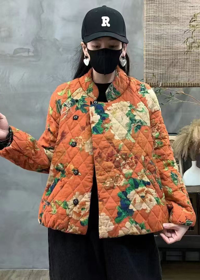 Orange Oversized Print Fine Cotton Filled Coats Winter