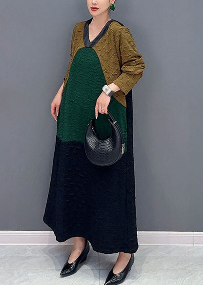 Colorblock O-neck Long Dresses Fall