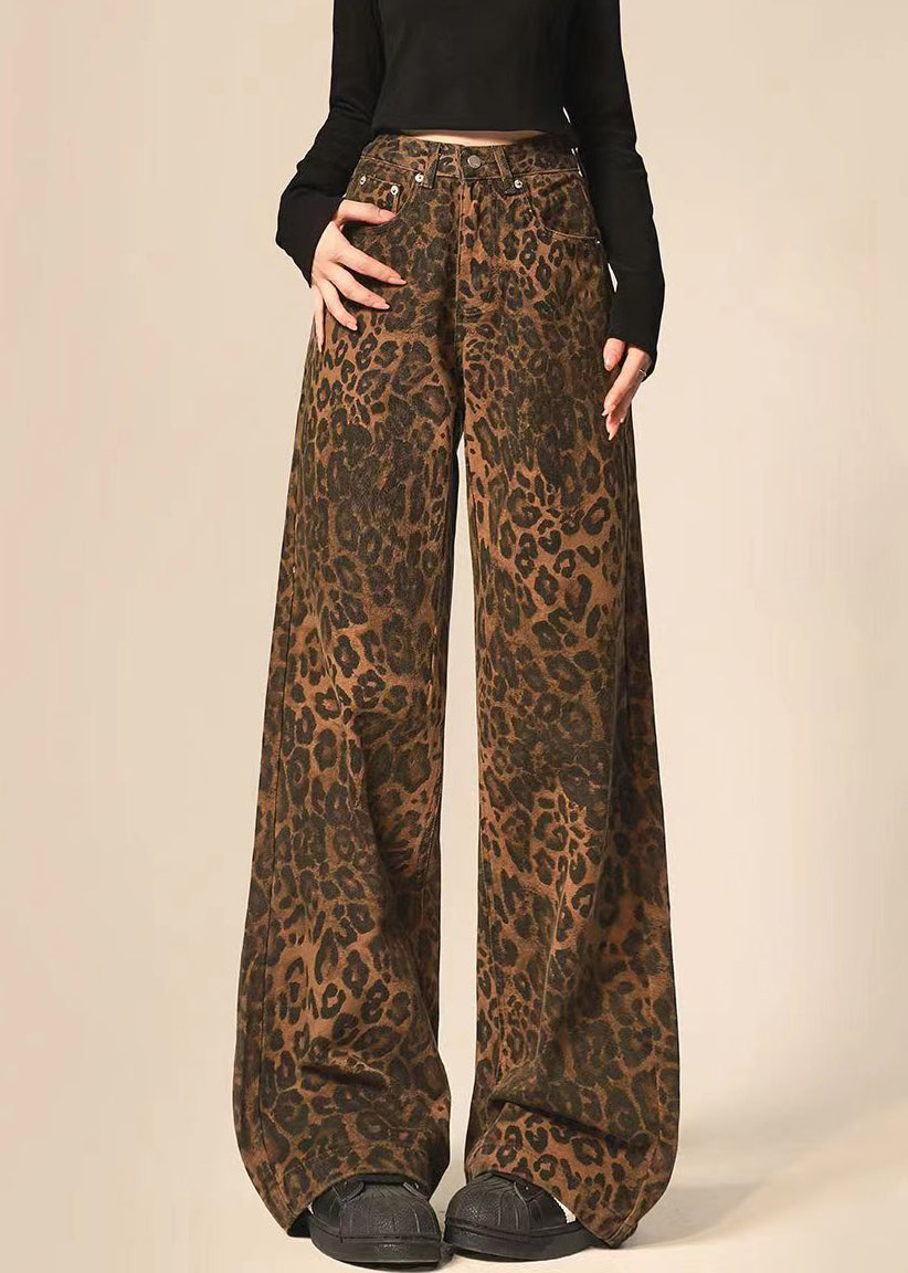 Leopard Print Pockets Denim Straight Pants Spring
